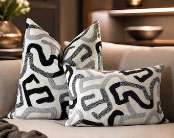Black Gray Ivory Abstract Pillow Cover, Textured Linen and Boucle Cushion, Modern Geometric Lumbar Pillow, Custom Size Sofa Decor