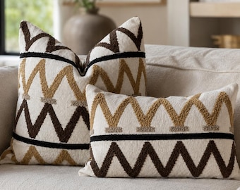 Brown Mustard Tufted Pillow Cover, Geometric Boho Throw Pillow, Tribal Embroidered Cushion, Neutral Modern Home Decor