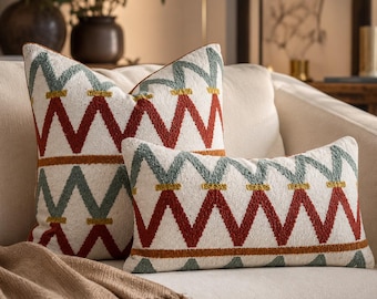 Geometric Embroidered Pillow Cover, Tile Red, Rust and Sage Zigzag Throw Pillow, Textured Boho Cushion, Modern Southwestern Home Decor