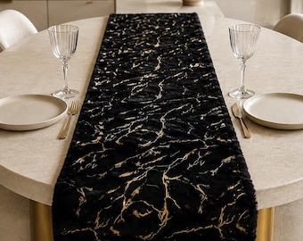 Black Gold Table Runner, Marble Pattern Dining Table Decor, Luxury Modern Glam Runner, Wedding Decor, Custom Size