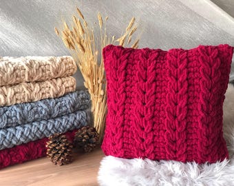Burgundy Hand Knit Pillow Cover, Christmas Gift, Chunky HandKnit Pillow Cover, Cable Knit Pillow Case, Home Decorative, Knitted Throw Pillow
