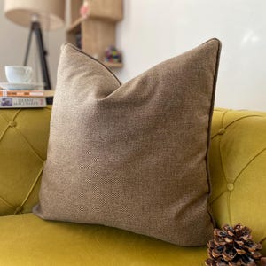 Brown Soft Linen Throw Pillow Covers With Piping, Decorative Pillows for Livingroom Couch, Solid Linen Cushion Case Lumbar Pillow