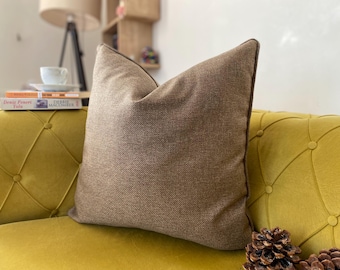 Brown Soft Linen Throw Pillow Covers With Piping, Decorative Pillows for Livingroom Couch, Solid Linen Cushion Case Lumbar Pillow