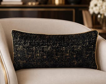 Black Gold Lumbar Pillow Cover, Luxury Textured Cushion with Gold Piping, Designer Pillow Cover, Home Decor, Modern Glam Sofa Decor