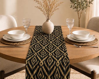 Black Gold Table Runner, Luxury Modern Table Runner, Boho Dining Table Decor, Woven Geometric Runner, Neutral Farmhouse Table Linen
