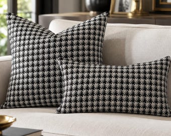 Black and White Houndstooth Pillow Cover, Designer Throw Pillow, Lumbar Cushion Cover, Modern Sofa Decor, Neutral Accent Pillow