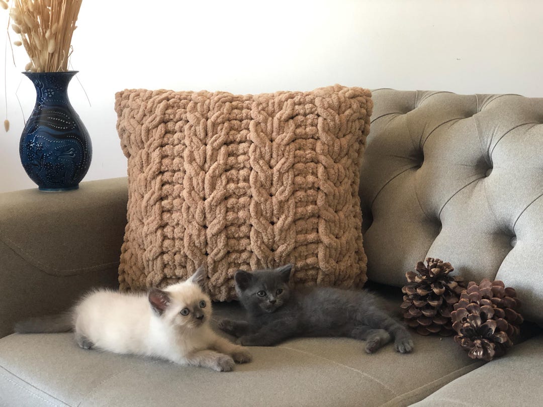 Beige Hand Knit Pillow Cover, Chunky Hand Knit Pillow Cover, Cable