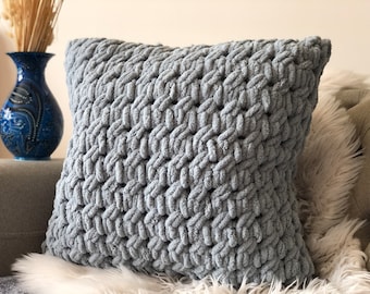 Grey Hand Knit Pillow Cover, Chunky Hand Knit Pillow Cover, Cable Knit Pillow Case, Home Decorative, Knitted Throw Pillow