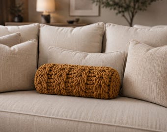 Camel Chunky Knit Lumbar Pillow, Hand Knitted Bolster Cushion, Textured Boho Throw Pillow, Cozy Fall Home Decor, Decorative Bed Pillow
