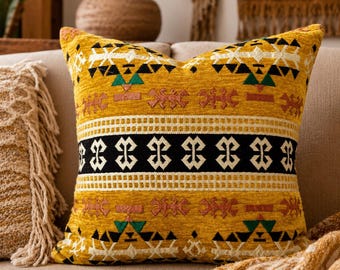 Mustard Yellow Southwestern Pillow Cover, Boho Tribal Throw Pillow, Woven Ethnic Cushion Cover, Rustic Farmhouse Sofa Decor 16x16