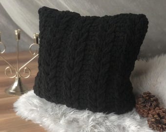 Black Hand Knit Pillow Cover, Chunky Hand Knit Pillow Cover, Cable Knit Pillow Case, Home Decorative, Knitted Throw Pillow