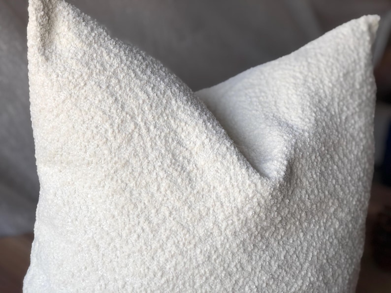 May include: A square throw pillow featuring a textured, off-white boucl&eacute; fabric. The surface of the pillow has a distinct, nubby, and looped appearance, creating a tactile and dimensional look across the entire front face of the cushion.