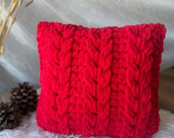 Red Hand Knit Pillow Cover, Chunky Hand Knit Pillow Cover, Cable Knit Pillow Case, Home Decorative, Knitted Throw Pillow