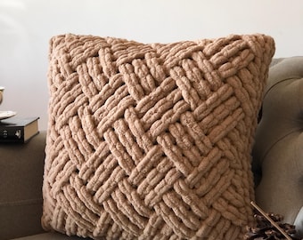 Beige Hand Knit Pillow Cover, Chunky Hand Knit Pillow Cover, Cable Knit Pillow Case, Home Decorative, Knitted Throw Pillow, Halloween