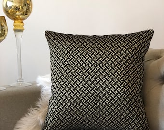 Black Gold Pillow, Home Decor, Throw Pillow Cover, Lumbar Pillow, Decorative Pillow, Woven Velvet Chenille Pillow Case