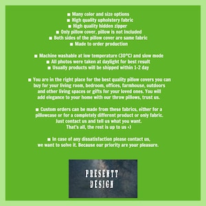 May include: A green informational graphic featuring white text detailing pillow cover specifications, including upholstery fabric, hidden zipper, and machine wash instructions at 30&deg;C. The bottom includes a rectangular image with the text PRESENTT DESIGN.