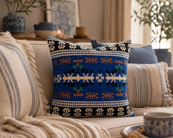 Blue Southwestern Pillow Cover, Boho Tribal Throw Pillow, Geometric Blue Cushion Cover, Rustic Bohemian Home Decor 16x16
