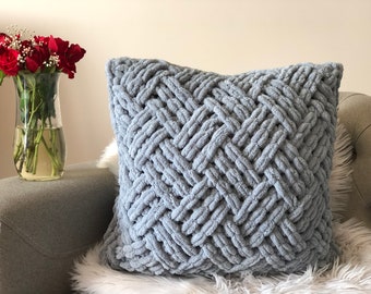 Grey Hand Knit Pillow Cover, Chunky Hand Knit Pillow Cover, Cable Knit Pillow Case, Home Decorative, Knitted Throw Pillow, Halloween