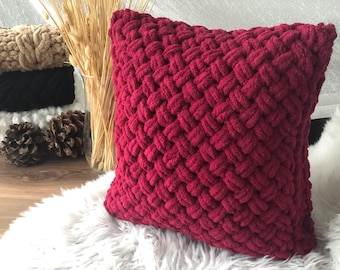 Burgundy Hand Knit Pillow Cover, Chunky Handknit Pillow Cover, Cable Knit Pillow Case, Home Decorative, Knitted Throw Pillow, Christmas Gift