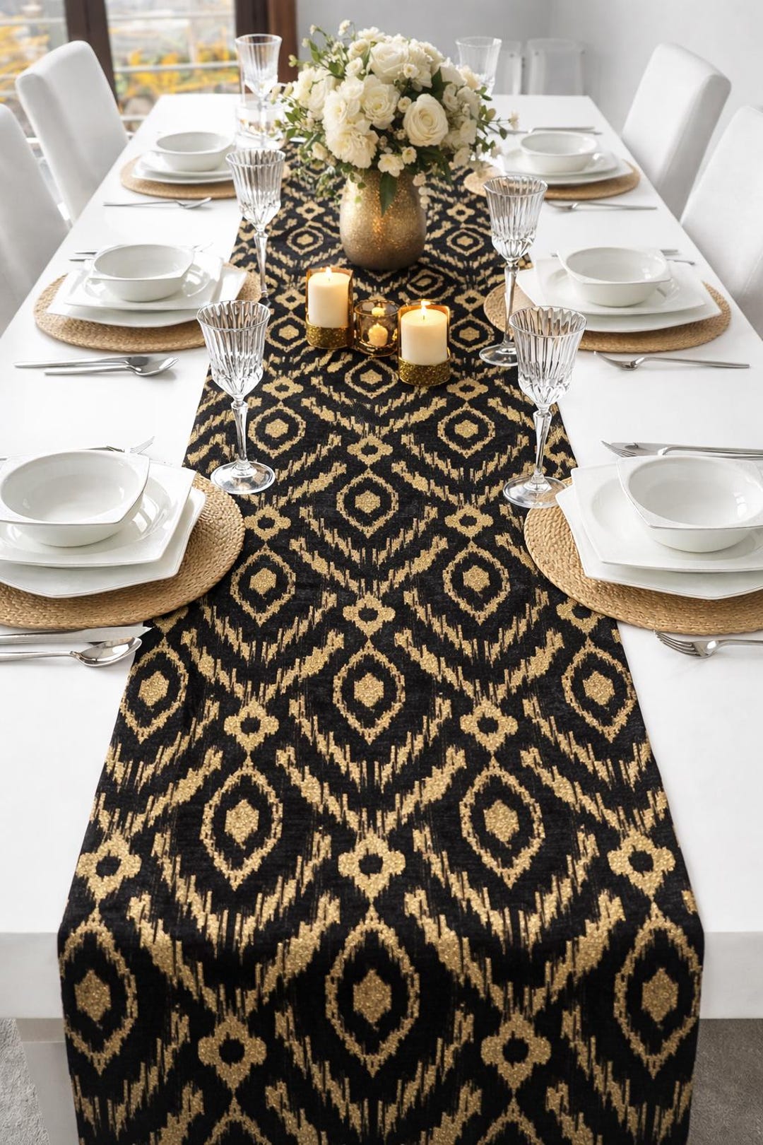 Black Gold Ikat Style Table Runner | Luxury Upholstery Table Decor ...