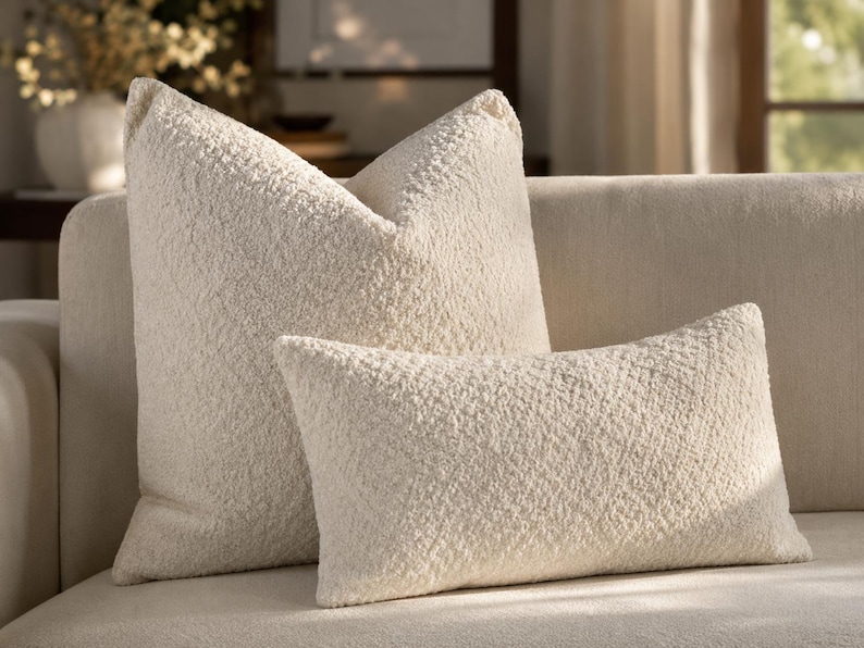 May include: Two off-white throw pillows with a textured, curly, fleece-like fabric surface. One pillow is square-shaped and positioned behind a smaller, rectangular-shaped pillow. Both items feature a consistent, uniform cream-colored finish.