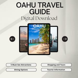 May include: Digital download of an Oahu Travel Guide displayed on three tablets. The central tablet shows a beach scene with palm trees and buildings. The guide includes sections on attractions, dining, shopping, and tourist information.