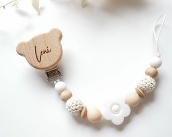 Speenketting met naam, babycadeau, speenketting gepersonaliseerd, gravure, hout, boho, bloemen, meisje