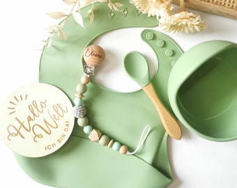 Babygeschenk Set, Geschenkset für Baby, Personalisiert, Schnullerkette, Silikonläzchen, Silikon-Schüssel, Grün