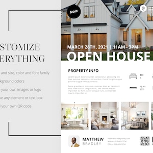 May include: A flyer for an open house for a white house with a green lawn. The flyer includes the date and time of the open house, the address, and the realtor's contact information. The flyer also includes a photo of the house and a description of the property.