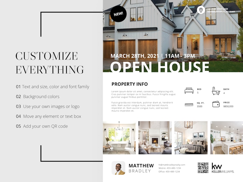 May include: A flyer for an open house for a white house with a green lawn. The flyer includes the date and time of the open house, the address, and the realtor's contact information. The flyer also includes a photo of the house and a description of the property.