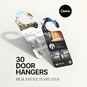Paquete de 30 colgadores de puerta de lujo para inmobiliarias, marketing inmobiliario moderno, visitas a domicilio para inmobiliarias, plantillas editables en Canva, etiquetas para puertas