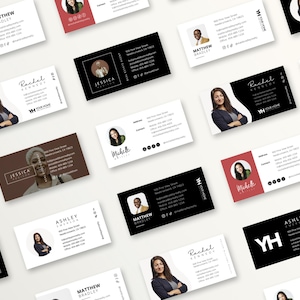 Op de afbeelding: Een verzameling visitekaartjes met verschillende ontwerpen. De kaarten tonen portretten, namen, contactgegevens en het logo "YH YOUR HOME". De kleurenschema's omvatten zwart, wit, rood en bruin.