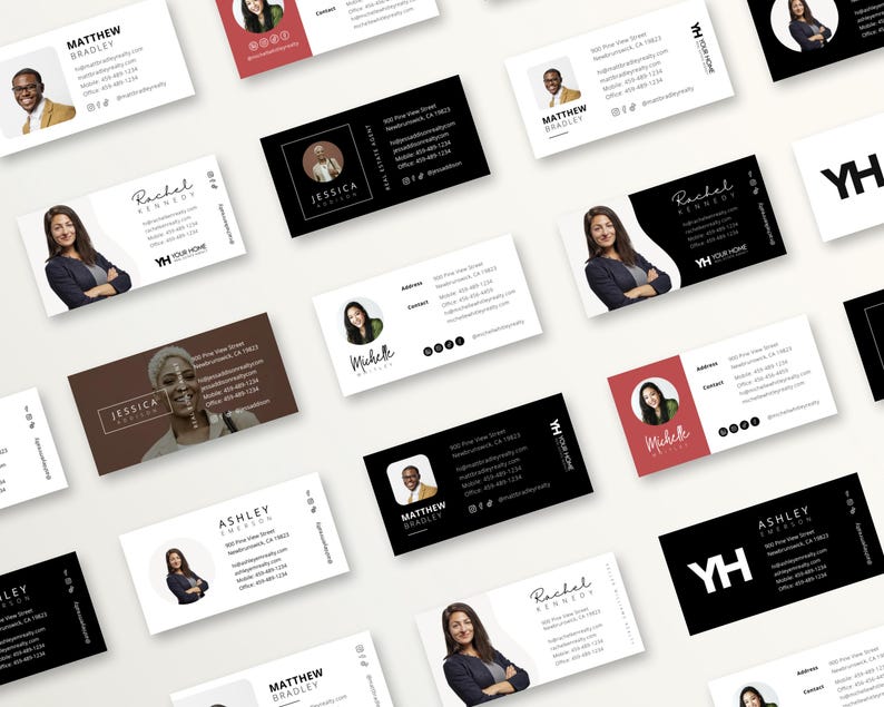 Op de afbeelding: Een verzameling visitekaartjes met verschillende ontwerpen. De kaarten tonen portretten, namen, contactgegevens en het logo "YH YOUR HOME". De kleurenschema's omvatten zwart, wit, rood en bruin.