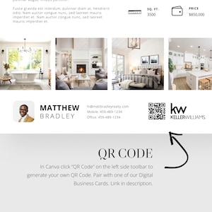 May include: A real estate business card with a photo of a man, his contact information, and a QR code. The card also includes the text "MATTHEW BRADLEY" and "kw KELLERWILLIAMS".