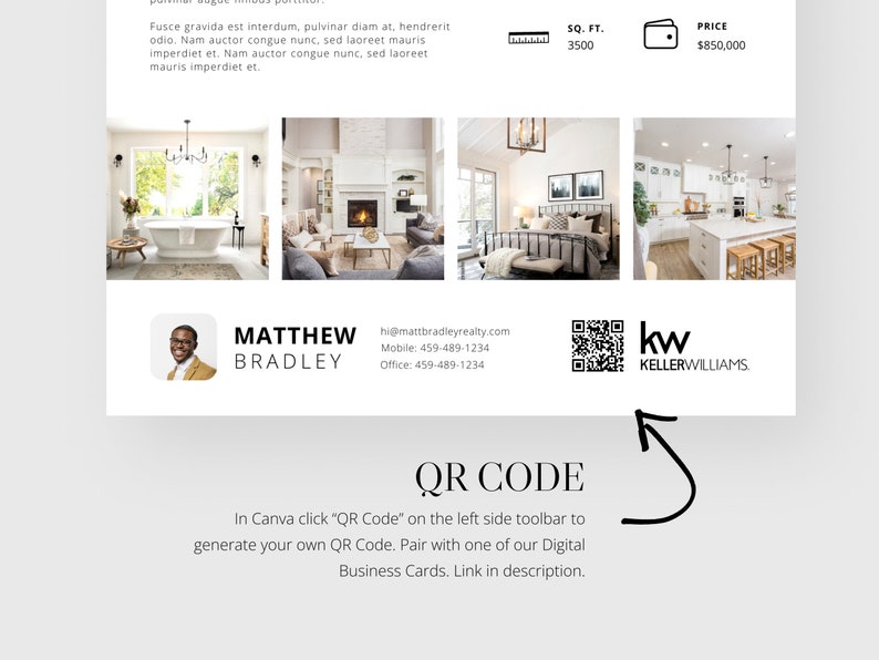 May include: A real estate business card with a photo of a man, his contact information, and a QR code. The card also includes the text "MATTHEW BRADLEY" and "kw KELLERWILLIAMS".
