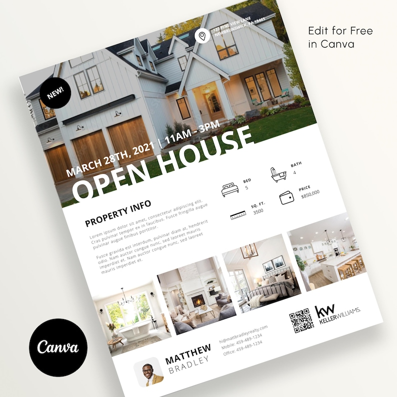 May include: A flyer for an open house event on March 28th, 2021 from 11 AM to 3 PM. The flyer features a photo of a white house with a green lawn. The text "OPEN HOUSE" is in large, bold letters. The flyer also includes information about the property, such as the number of bedrooms, bathrooms, square footage, and price. The flyer is designed in a modern style with a black and white color scheme.