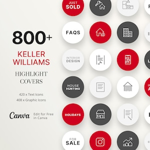 800 copertine di Keller Williams Real Estate Instagram Story Highlight, copertina di Instagram Reel immobiliare, copertine di KW Instagram Realtor per Canva