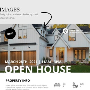 May include: Open house announcement for a new, white farmhouse with a wooden garage door. The address is 123 Pine View Lane, New Brunswick, PA-18465. The open house is scheduled for March 28th, 2021 from 11 AM to 3 PM. The property has 5 bedrooms and 4 bathrooms.