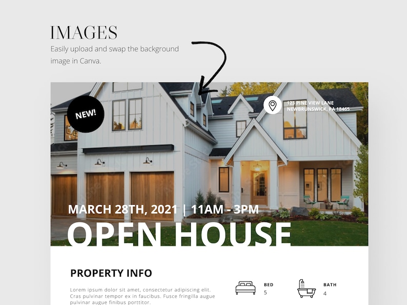May include: Open house announcement for a new, white farmhouse with a wooden garage door. The address is 123 Pine View Lane, New Brunswick, PA-18465. The open house is scheduled for March 28th, 2021 from 11 AM to 3 PM. The property has 5 bedrooms and 4 bathrooms.