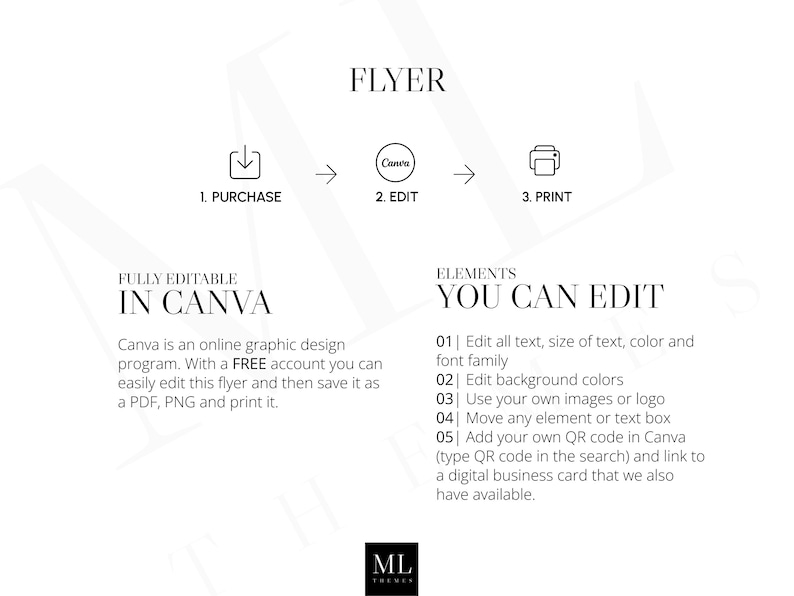 May include: A white flyer with black text that says "FLYER" at the top. The flyer is a template for a business flyer that can be edited in Canva. The flyer says "FULLY EDITABLE IN CANVA" and explains that Canva is an online graphic design program. The flyer also lists elements that can be edited, such as text, size of text, color, font family, background colors, images, logos, and QR codes.
