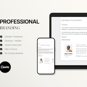 Op de afbeelding: Een digitale marketingtemplate met de woorden "PROFESSIONAL BRANDING" bovenaan. De afbeelding toont een telefoon en tablet met een e-mail over onroerend goed. Het Canva-logo staat in de linkerbenedenhoek. Tekst bevat "Bewerkbare sjablonen" en "Direct downloaden."