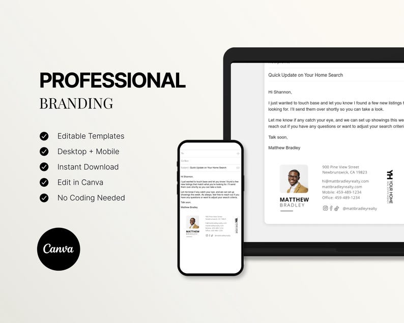 Op de afbeelding: Een digitale marketingtemplate met de woorden "PROFESSIONAL BRANDING" bovenaan. De afbeelding toont een telefoon en tablet met een e-mail over onroerend goed. Het Canva-logo staat in de linkerbenedenhoek. Tekst bevat "Bewerkbare sjablonen" en "Direct downloaden."