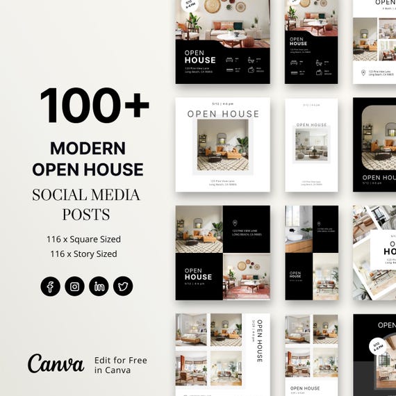 Real Estate Open House Social Media Templates, Real Estate Social Media Posts, Realtor Facebook Instagram Open House Posts and Stories