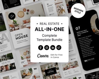 Kit de marketing para agentes inmobiliarios, paquete inmobiliario moderno en negro, paquete de marca, plantillas de Canva para bienes raíces, plantillas de publicaciones de Instagram para bienes raíces