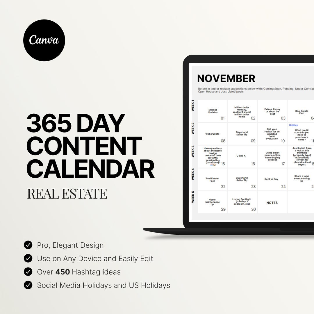 365 Day Real Estate Social Media Content Calendar, Editable Social