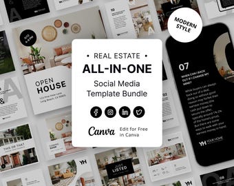 Realtor Marketing Kit, Modern Black Real Estate Bundle, Branding Bundle, Real Estate Canva Templates, Real Estate Instagram Post Templates