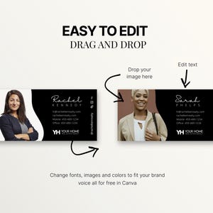 Op de afbeelding: Een sjabloon voor visitekaartjes met twee voorbeelden, elk met foto's en contactgegevens. De kaarten hebben een zwart-wit ontwerp met de tekst "EASY TO EDIT DRAG AND DROP". De sjabloon is voor Canva.