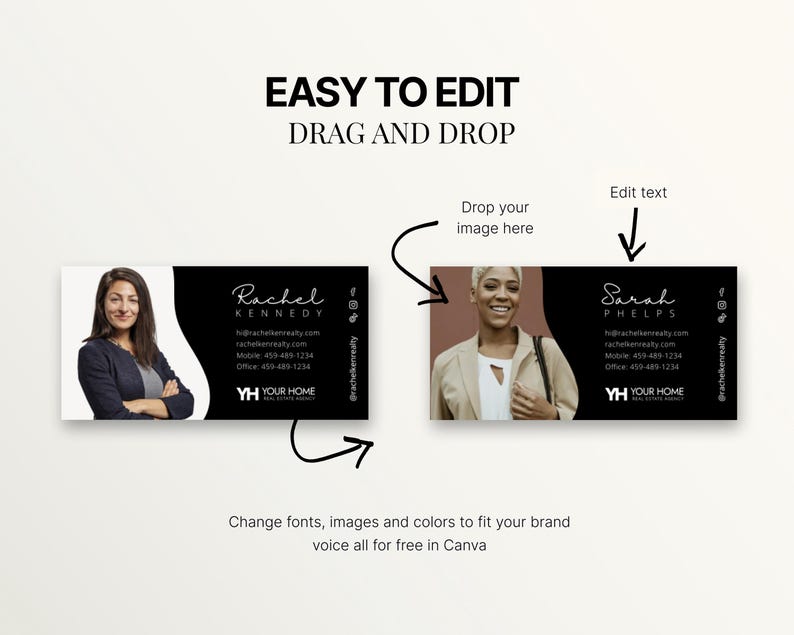 Op de afbeelding: Een sjabloon voor visitekaartjes met twee voorbeelden, elk met foto's en contactgegevens. De kaarten hebben een zwart-wit ontwerp met de tekst "EASY TO EDIT DRAG AND DROP". De sjabloon is voor Canva.