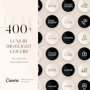 400 copertine di evidenziazione di storie Instagram di immobili di lusso, copertina di bobina di Instagram immobiliare, copertine di agenti immobiliari di Instagram, modifica in modello Canva