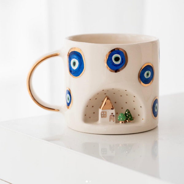 Evil Eye Mug Custom Pet Mug 3D Cat 24K real gold Rainbow Mug Coffee lover, Coffee Mugs, Fine Art Ceramic, Valentines Day Gift,